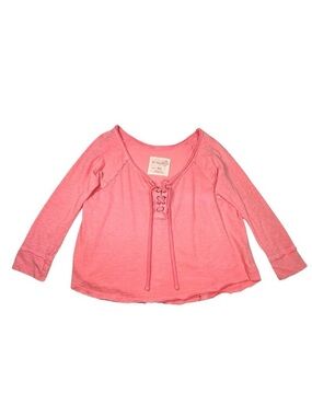 FP We The Free Long Sleeve Lace Up Top Sz M Peach Cotton Preppy Brights